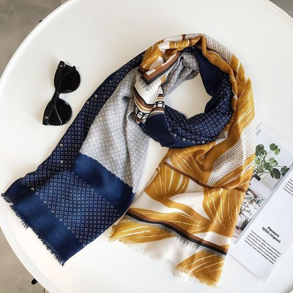 

OUOI Cotton scarf women spring and autumn all-match printing bronzing summer long travel shawl Cotton Women Geometric, Blue;gray