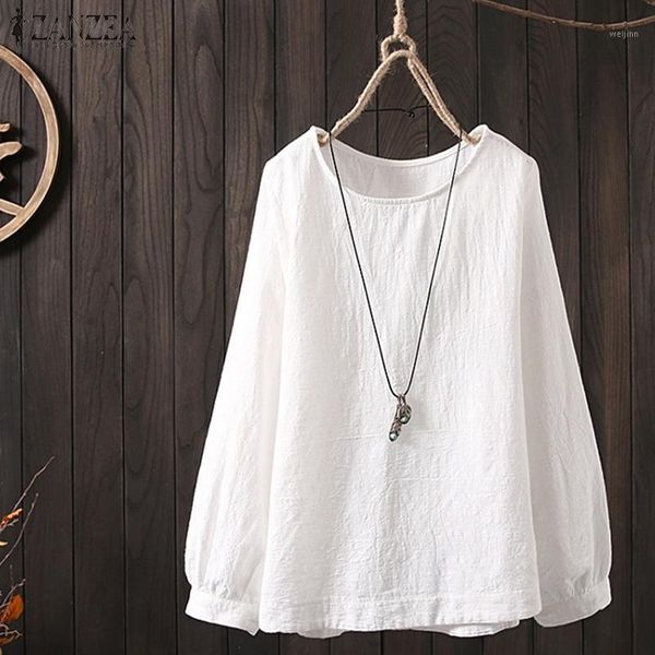 

stylish women long sleeve blouse zanzea spring solid cotton linen 2020 female o neck loose casual shirt vintage blusas 5xl1, White
