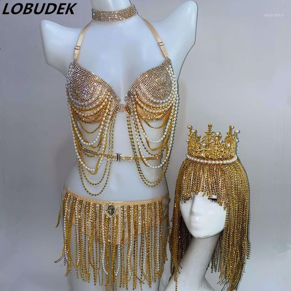 

new dj festival rave party gold beading tassel bikini dance outfit nightclub bar women singer dancer show stage costume1, Black;red