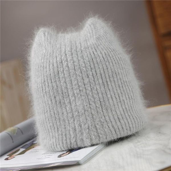 

girl sweet fur ear beanie hat women winter solid color cap quality warm solid color knitting cap for female, Blue;gray