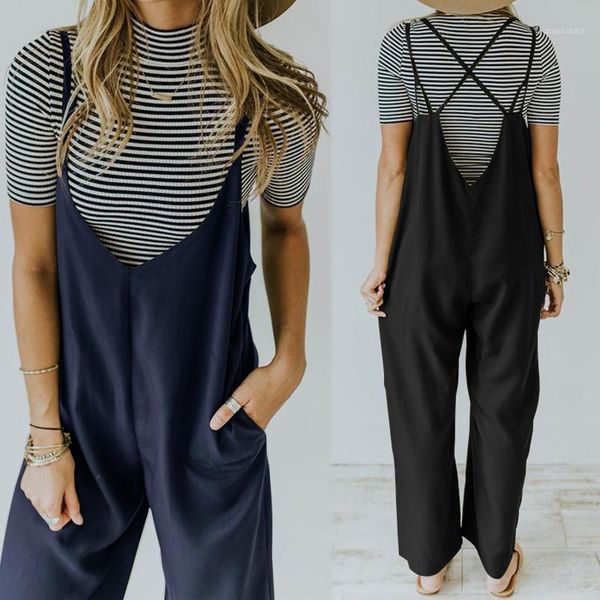 

2020 summer strappy blackless wide leg rompers zanzea fashion solid pu leather jumpsuits women casual v neck long overalls pants1, Black;white