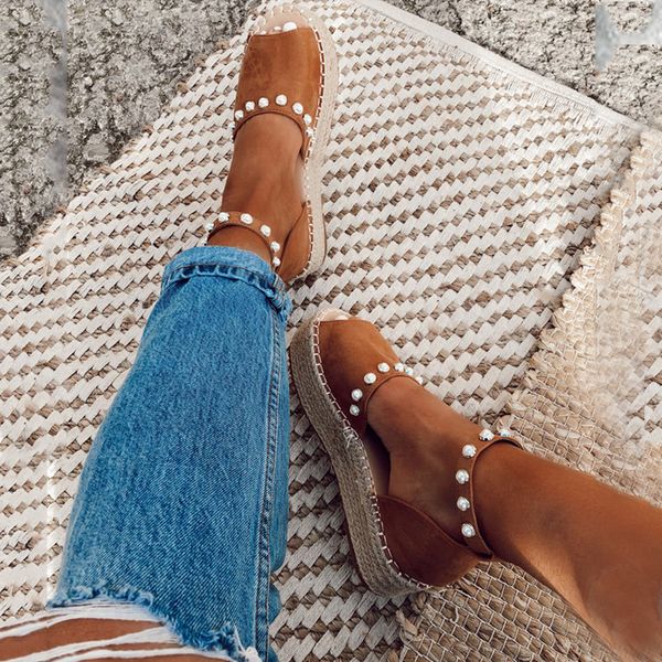 

2020 summer women sweet pearl platform wedges sandals comfort fish mouth weave causal high heels open toe chaussures y200702, Black