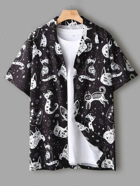 

men cat and galaxy print button front shirt without tee e9qx#, White;black