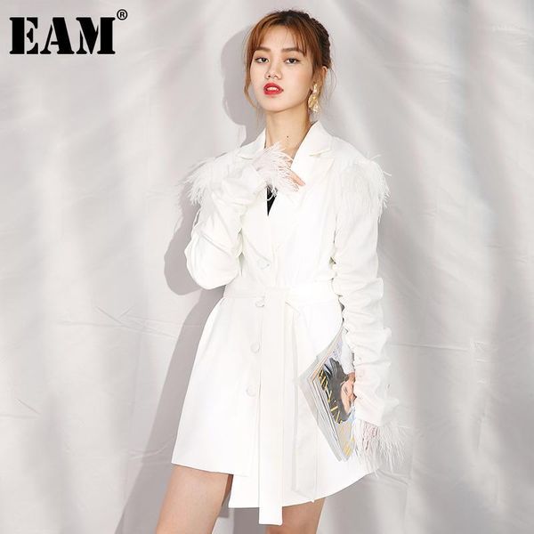

eam] women white feather bandage long blazer new lapel long sleeve loose fit jacket fashion tide spring autumn 2020 1da242001, White;black