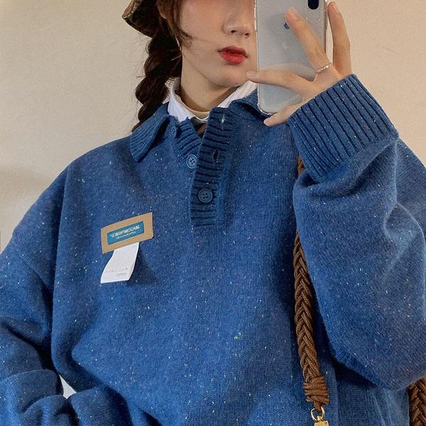 

women's sweaters vintage collar sweater 2021 winter autumn thick warm women blue ribbed knitted harajuku korea color dots pullovers, White;black