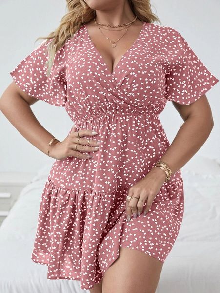 

plus surplice front allover print ruffle hem dress e05w#, Black