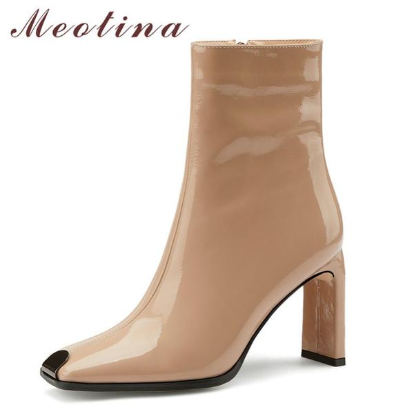 

boots meotina real leather high heel short women shoes metal decoration square toe thick heels zip ankle female autumn 45, Black