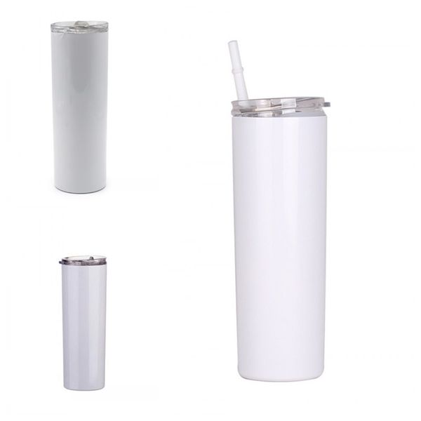 

plain white 20oz 600ml cup plastic straws mug sublimation straight skinny tumbler flat covers stainless steel drink water coffee juice g2