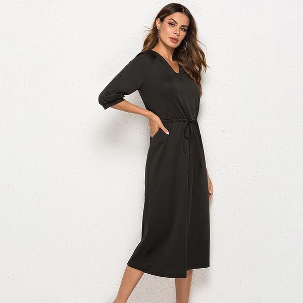 

casual dresses lantern half sleeve v-neck shirt dress women soild fashion sashes summer mid-calf, Black;gray