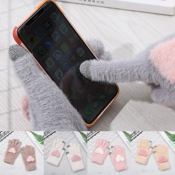 

imitation cashmere plush knitted gloves with love heart women mittens winter warm touch screen gloves full finger 1 pairs, Blue;gray