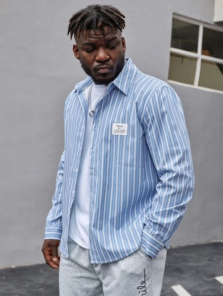 

extended sizes men striped slogan patched shirt 85x3#, White;black