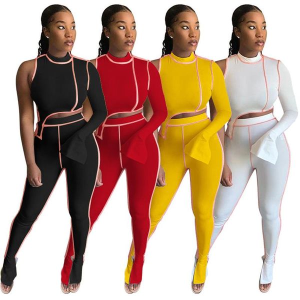 

2021 autumn winter striped patchwork sweatsuit two piece set one sleeve and flare pants set high street tracksuit plus size, Gray