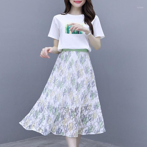 

2020 summer rwunay lace skirt sets casual 2 piece set women short lseeve t shirt and calf length a-line skirts suit outfits1, White