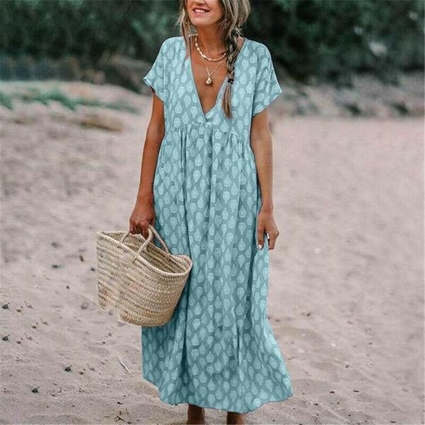 

new womens boho deep v neck polka dots floral print fashion baggy tunic long pleated dress loose kaftan beach holiday sundress, Black;gray