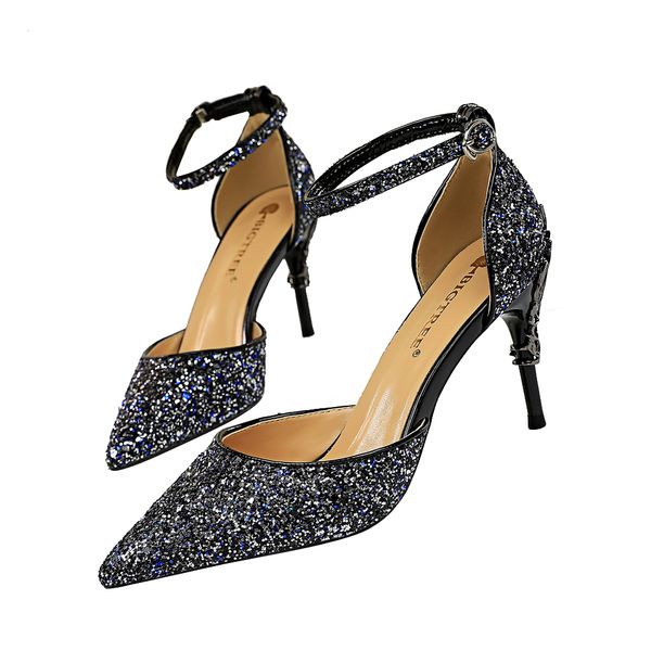 

metal thin pumps high heels women's 2020 pointed to ladies fashion bling shoes wedding party more size 34-43 atg8, Black