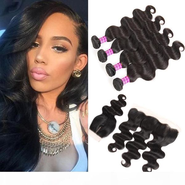 

wholesale brazilian malaysian indian peruvian virgin hair body wave remy human hair weave bundles with frontal closure hair extensions wefts, Black