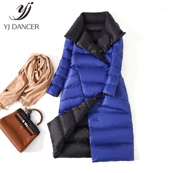 

winter wear on both sides down jacket female 2018 fashion quality new tide temperament slim collar white duck down long coat 3001, Black