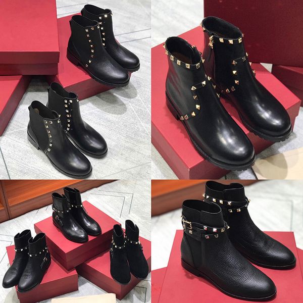 

womens ankle boots fashion winter booties shoes with granulated calfskin rivet australia cowboy motocycle martens snow bottes, Black