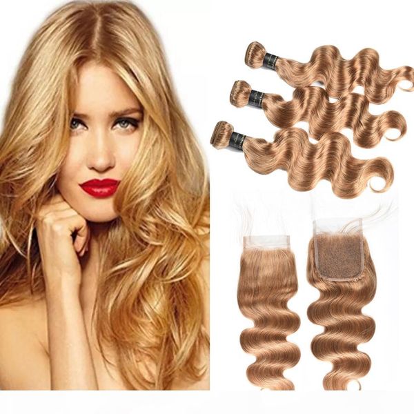 

malaysian pre-colored human hair weave 3 bundles body wave malaysian body wave hair with prat lace closure honey blonde #27, Black;brown