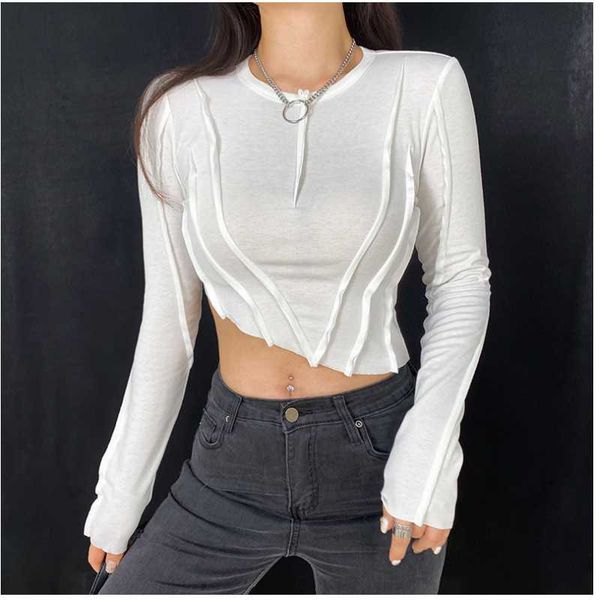 

women's retro round neck open line yoga sweatshirt irregular running sports long sleeve slim fit quick drying fitness suit, White;red