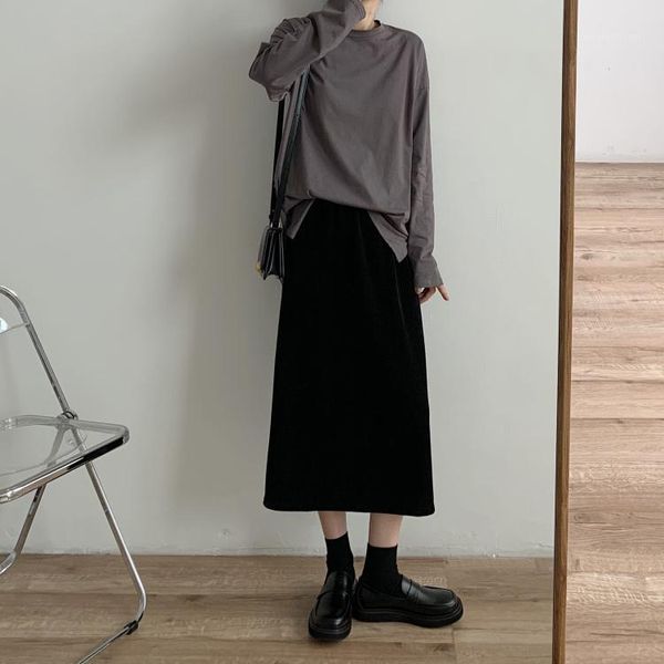

skirts 2021 women high waist split straight womens elegnat corduroy skirt solid casual vintage femme streetwear1, Black