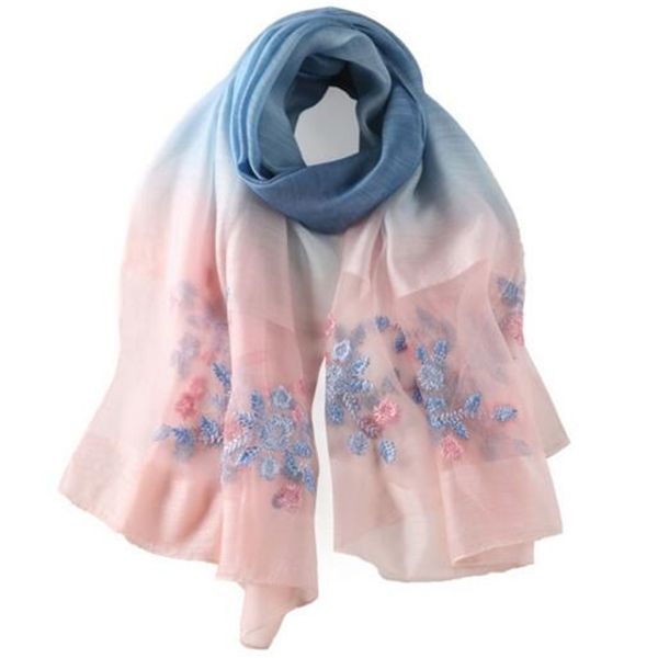 

spring fashion women slik scarf print floral color gardient big shawl, Blue;gray