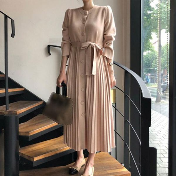 

japan style long sleeve dress korean fashion thin simple dress elegant loose round neck single-breasted pleated1, Black;gray