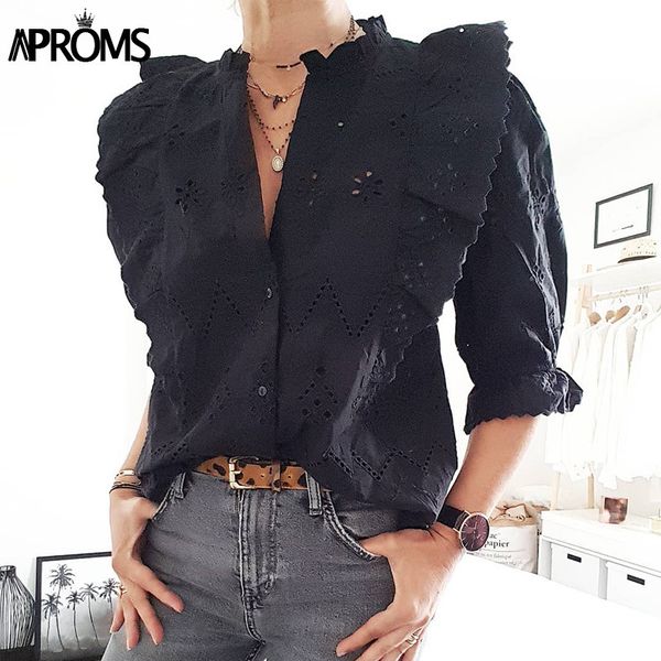 

aproms white black lace embroidery blouse women elegant half sleeve ruffle hollow out shirt fashion office ladies blusa lj200812