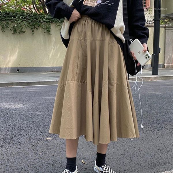 

skirts fashion autumn winter high elastic waist skirt women korean japanese style simple loose a-line midi woman all-match skirts1, Black