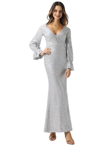 

party dresses dressv silver v neck prom dress long sleeves sequins sheath floor length zipper up evening gown, White;black