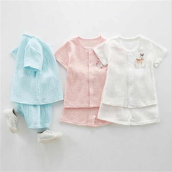 

summer clothes shirt+shorts 2 pcs suits baby breathable soft crepe sets solid colors muslin cotton baby's clothing y200803, White