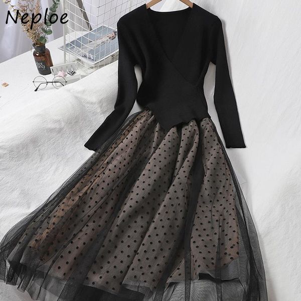 

neploe autumn fashion patchwork polka dot mesh dress elegant pullover fake two piece knitted dresses v-neck ball gown vestidos, Black;gray