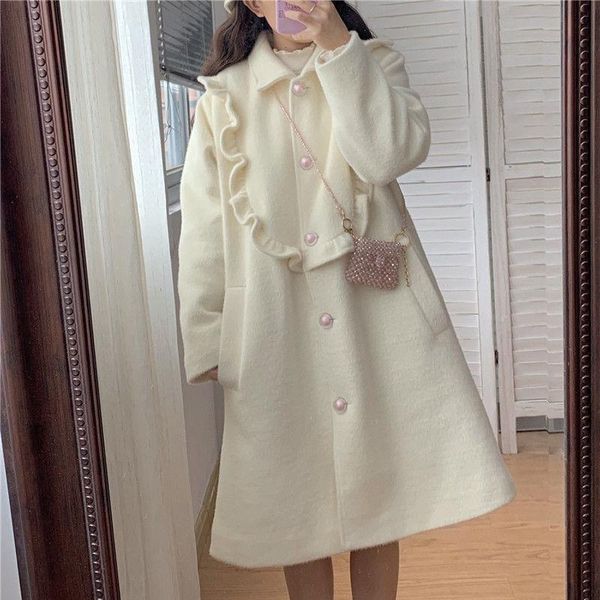 

bella philosophy wool winter coat warm sweet loose trench coat female button patchwork korean japanese kawaii chic thick, Black