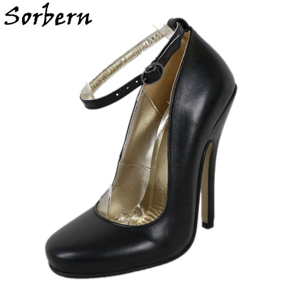 

sorbern 14cm 16cm women shoes genuine leather ladies pump high heel matt black stilettos round toe ankle straps custom