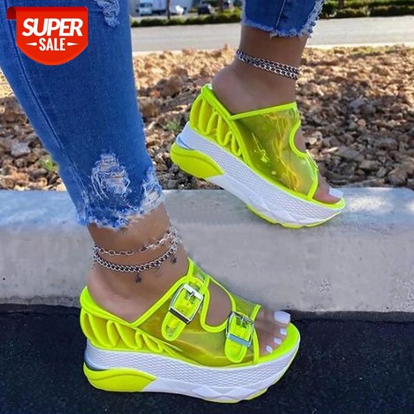 

woman slippers summer platform slippers female pvc transparent belt buckle wedges sandals women plus size 43 green shoes 2020 #j62g, Black