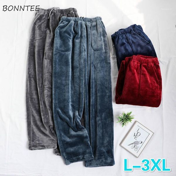 

men sleep bottoms plus size 3xl solid warm flannel simple straight loose male thicken elastic waist pocker daily homewear soft1, Black;brown