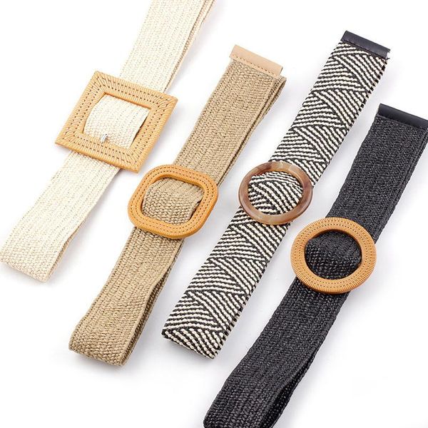 

women's straw knitted elastic belt girl holiday seaside bohemian ethnic style round square button wax rope woven wide belt strap, Black;brown
