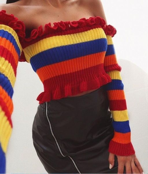 

rainbow stripes off shoulder sweater1, White;black