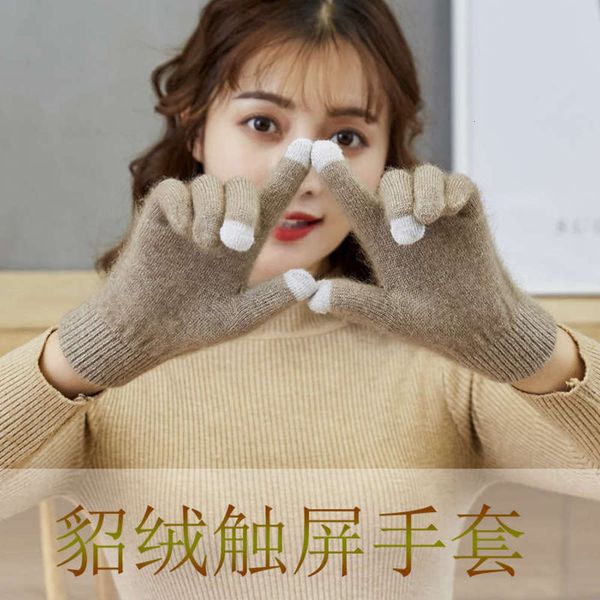 

winter refer gloves to student warm plush cycling gloves wool touch screen knitted gloves ladies mink thickened, Blue;gray