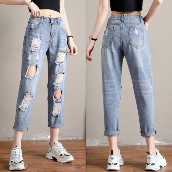

women's jeans 2021 women vintage high waist holes ripped boyfriend female washed denim harem pants baggy punk blue korea trousers