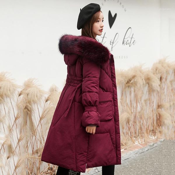 

2020 casual winter down jacket for women warm hooded with fur collar female coat long solid black beige wine red women puffer1