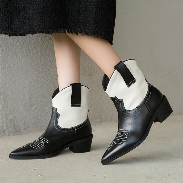 

boots classic embroidered pu leather cowboy ankle for women wedge high heel snake print western cowgirl 2021 autumn, Black