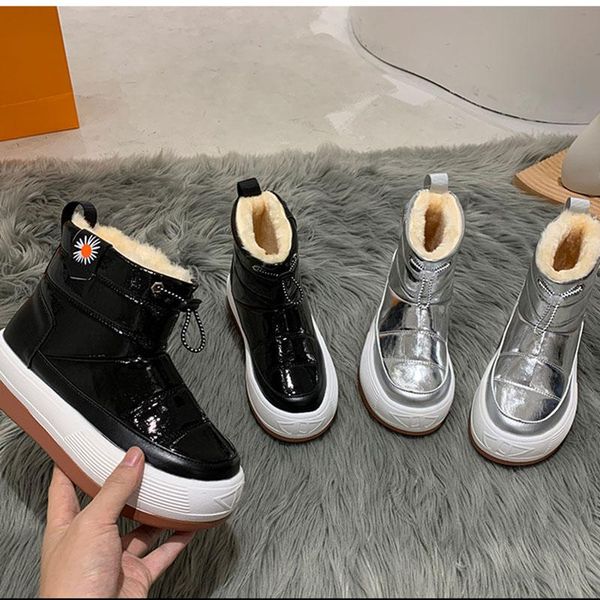 

winter cotton snow boots women elevated daisy patent leather short botte femme platform shoes plush creepers elastic band botas, Black