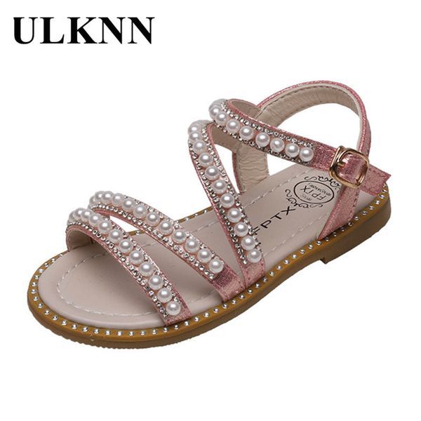 

ulknn girls 2020 summer versatile pearl flat shoes fashion metal buckle kids sandals for child t200703, Black;red