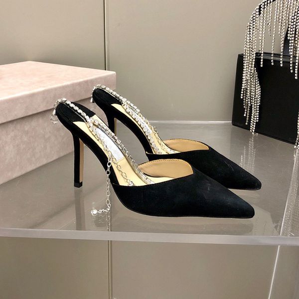 

women's wedding sandals fashion lady brand design slingback transparent diamond genuine leather shoes high heel size 35-41 with box, Black