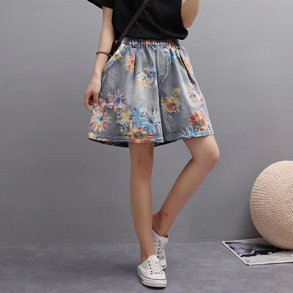 

high waist vintage ripped denim shorts women summer plus size casual loose floral print cotton jeans femme wide leg short pants t200701, Blue