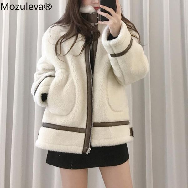 

women's down & parkas mozuleva 2021 vintage o-neck warm zippers coat lamb wool short for women winter female fashion thicken pockets fe, Black