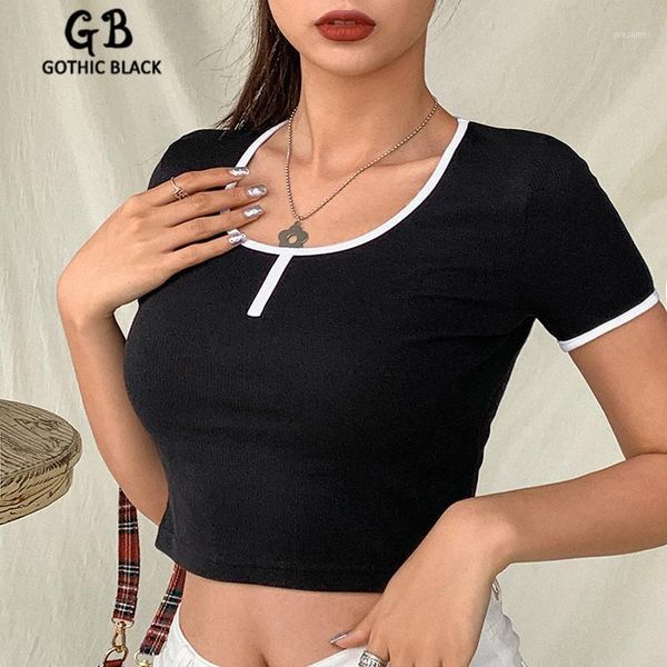 

gothblack women o-neck splice short sleeve bodycon solid color short t-shirt goth female slim streetwear crop 2020 summer1, White