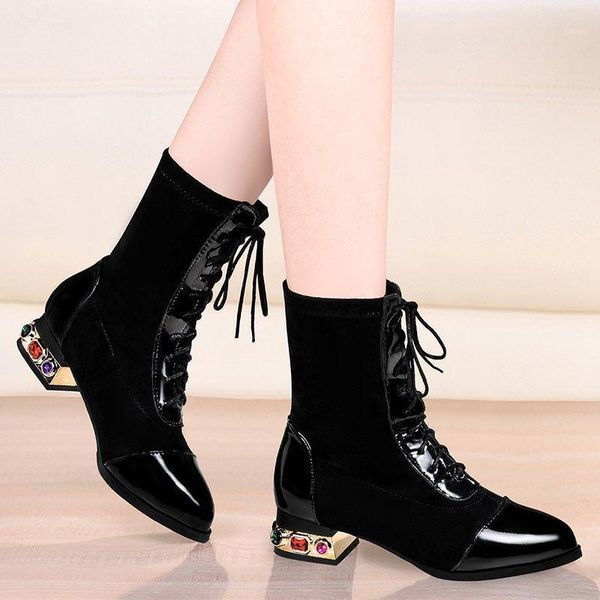 

boots women shoes big size 35-42 woman low heels slip on ankle flock colorful rhinestone heeled black ladies dress shoes1
