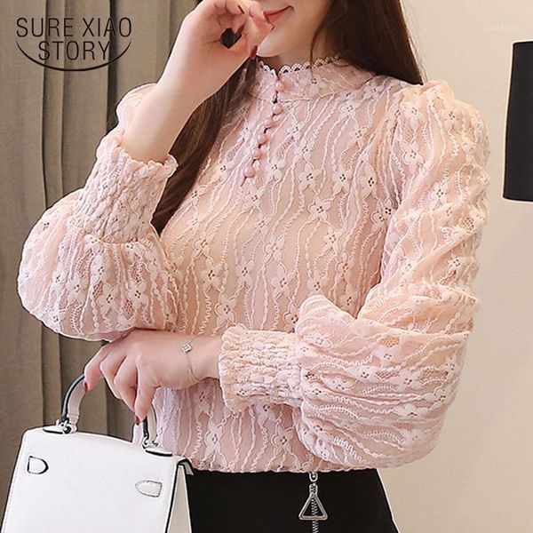 

autumn new chiffon blouse long sleeve women and blouses lace bottom female clothes puff sleeve women shirts clothes 105121, White